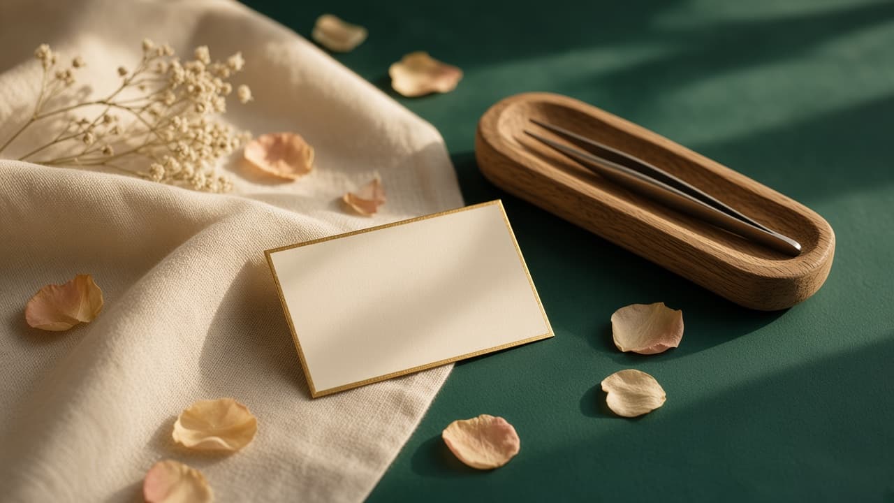 Mesa de atelier com pétalas, pinça e um cartão de cuidados